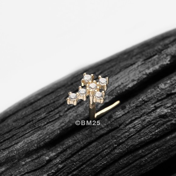 14 Karat Gold Multi-Gem Sparkle Cross L-Shaped Nose Ring - Clear Gem - Picture 1 of 2